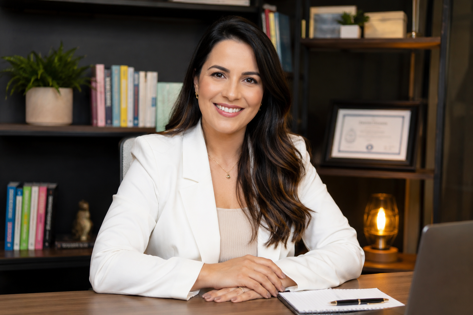 Marina Alencar, especialista em alfabetização, em sua mesa de trabalho