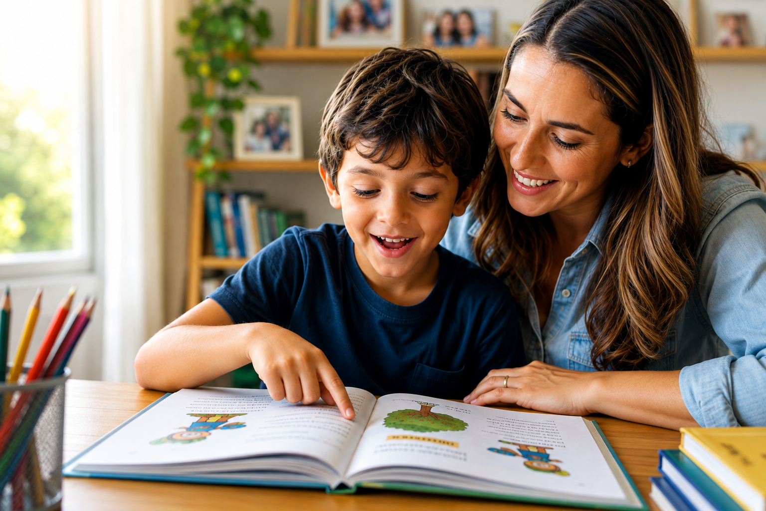 Mãe e filho lendo juntos uma história ilustrada à mesa, com sorriso e concentração